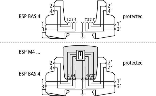 Basic circuit diagram with and without plugged-in module