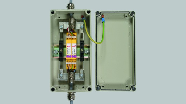 Lightning current carrying DIN rail mounted shield connection system, ideally suited for small cables. Slipping spring element compensates the yield of the cable materials.