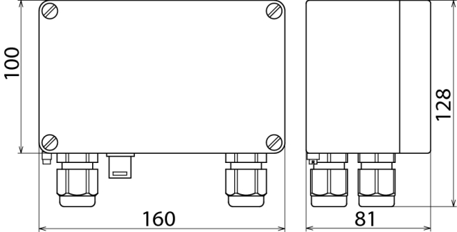 Dimension drawing of an aluminium enclosure for Ex(i) surge arresters